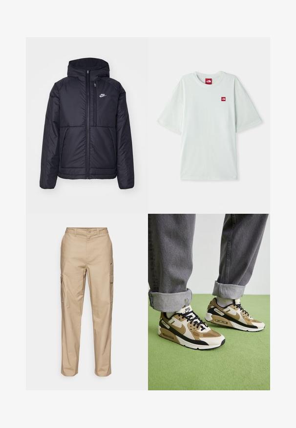 Casaco Nike preto, acolchoado, com fecho à frente e capuz. Apresenta um logo branco no lado esquerdo do peito e dois bolsos frontais. Textura exterior lisa.; T-shirt de manga curta verde claro, feito de algodão macio, com uma pequena etiqueta de logo vermelha na área do peito esquerdo. Corte descontraído e gola redonda.; Calças cargo bege com acabamento texturizado, apresentando bolsos laterais, fecho com botão e um design de perna reta.; Sapatilhas Nike Air Max 90 em bege e preto, com materiais em malha e couro, almofada visível e atacadores pretos.