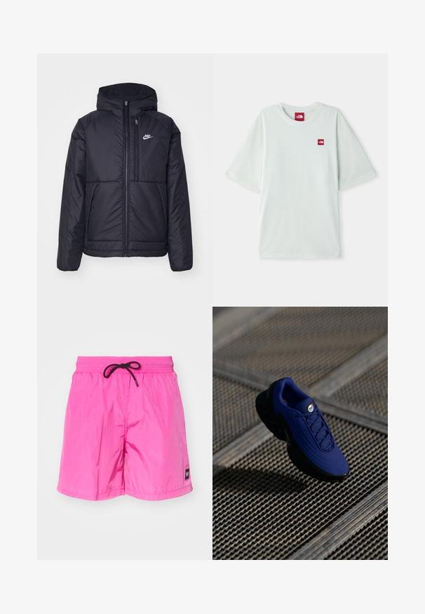 Musta, pehmustettu Nike-takki, jossa on etuvetoketju ja huppu. Vasemmassa rinnassa on valkoinen logo ja takissa on kaksinkertaiset etutaskut. Pintakoe on sileä.; Vihreä lyhythihainen t-paita pehmeästä puuvillasta, jossa on pieni punainen logotagi vasemmassa rintakehässä. Rentoa istuvuutta ja pyöreä kaula-aukko.; Vaaleanpunaiset, kevyet uimashortsit, joissa on joustava vyötärö ja musta naru. Vasemmassa lahkeessa on pieni etiketti. Miellyttävä sileä materiaali.; Sininen urheilukenkä, jossa on teksturoitu yläosa, musta pohja ja nauhat. Varustettu "air" -brändillä kielen päällä ja näkyvillä ilmapatjaelementeillä.