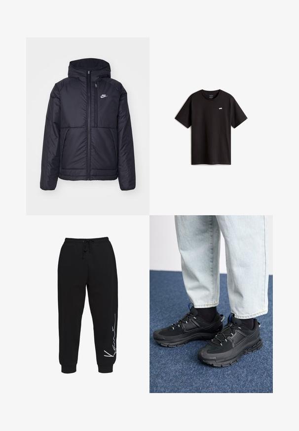 Black, padded Nike jacket with a front zipper and hood. Features a white logo on the left chest and dual front pockets. Smooth exterior texture.; Black cotton t-shirt with short sleeves and a crew neckline. Features a small white skateboard logo on the chest. Simple design and cut.; Black sweatpants made of cotton, featuring an elastic waistband with drawstring, tapered legs, and a white logo design on the left side.; Black athletic shoes with textured fabric and rubber soles, featuring elastic laces and a blue accent on the heel. Worn with light denim pants.