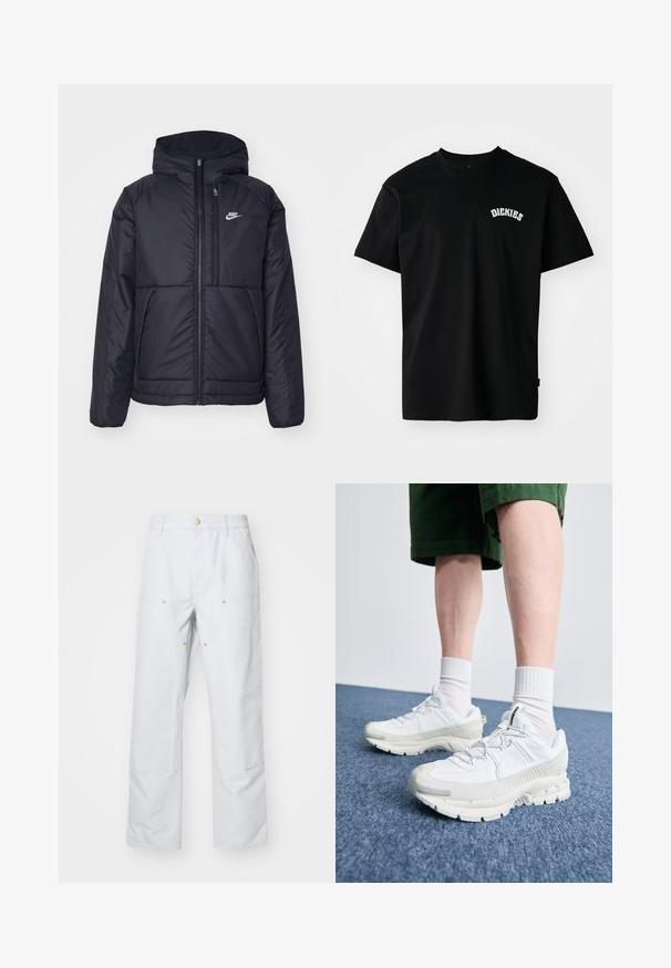Zwarte, gewatteerde Nike-jas met een voorkant met ritssluiting en capuchon. Kenmerkt zich door een wit logo op de linkerborst en dubbele frontzakken. Gladde buitenkant.; Zwarte katoenen T-shirt met korte mouwen en een ronde hals. Heeft een witte gebogen logo "DICKIES" op de borst. Eenvoudig ontwerp, geen patronen.; Lichtgrijze wijde broek gemaakt van een katoenmix. Bevat twee voorzakken, zichtbare naden en accenten van goudkleurige knopen.; Witte sportieve schoenen met textuuroverlays, een dikke zool en grijze accenten. Draag ze met witte crew-sokken en groene shorts op een blauwe ondergrond.