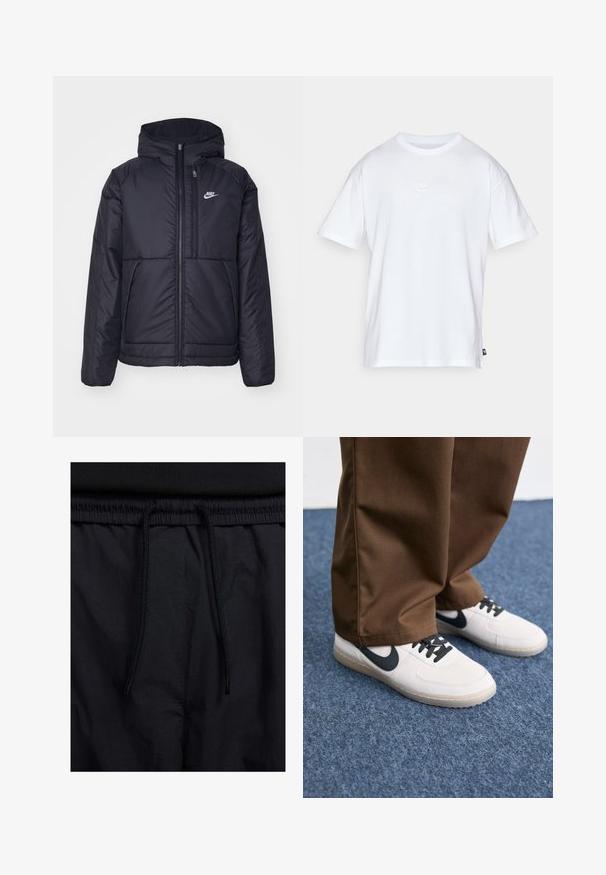 Casaco Nike preto, acolchoado, com fecho à frente e capuz. Apresenta um logo branco no lado esquerdo do peito e dois bolsos frontais. Textura exterior lisa.; T-shirt de algodão branco com mangas curtas e decote redondo. Apresenta um pequeno e discreto logótipo da Nike no peito e uma etiqueta lateral.; Calções pretos com um cós elástico ajustável, fabricados em tecido leve com uma textura suave e um design simples, sem logótipos ou padrões visíveis.; Ténis brancos com detalhes pretos, feitos de tecido liso, com um design de baixo perfil e ponta redonda. Calças castanhas que cobrem parcialmente os sapatos.