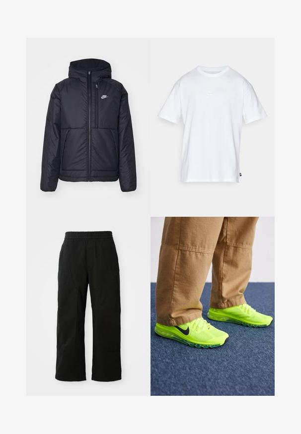 Melna, pufota Nike jaka ar priekšējo rāvējslēdzēju un kapuci. Iezīmēta ar baltu logotipu uz kreisās krūtis un divām priekšējām kabatām. Gluda ārējā tekstūra.; Balts kokvilnas T-krekls ar īsām piedurknēm un apaļu kakla izgriezumu. Uz krūtīm ir maza, diskrēta Nike logo un sānu birka.; Melni kokvilnas bikses ar elastīgu jostu, platām kājām un lielām sānu kabatām. Audums izskatās mīksts ar gludu tekstūru.; Nike Sportswear AIR MAX 2013 - Sporta apavi - volt/black/cyber