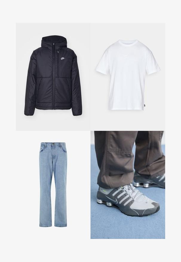 Must musta Nike jope, millel on ees lukuga avamine ja kapuuts. Vasakpoolne rind on kaunistatud valge logoga ning ees on kaks taskut. Sile välimine tekstuur.; Valge puuvillane t-särk lühikeste varrukatega ja ümmarguse kaelusega. Sellega on kaasas väike, tagasihoidlik Nike logo rinnal ja külgmine silt.; Heledad sinine teksapükste sirge säärega disain, viie taskuga stiil, nupuga kinnitamine ja õrnalt kulunud tekstuur kogu ulatuses.; Hallid ja hõbe Nike Shox tennisetossud on varustatud elegantse disainiga, neil on võrkkangas ja sünteetilised materjalid, ümar varvas ja pehmendatud kaelus.