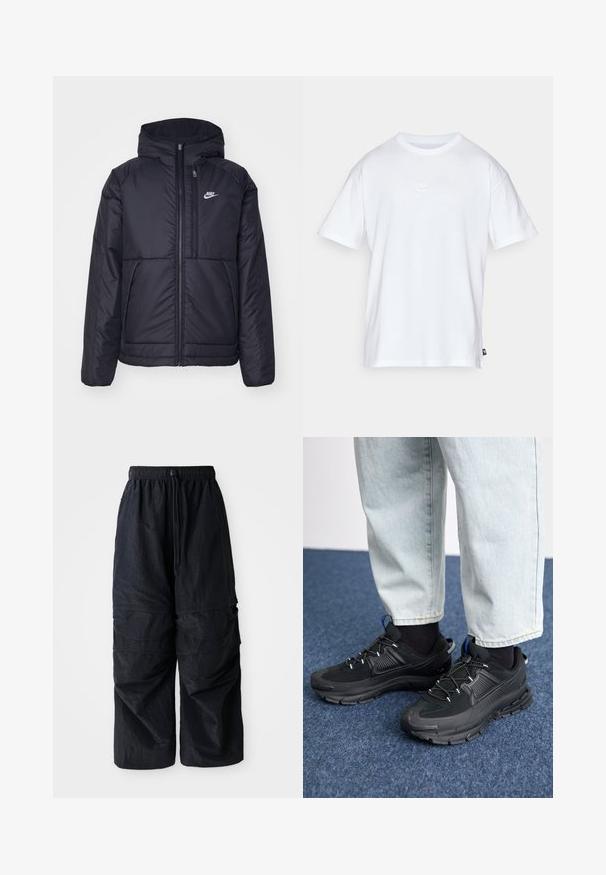 Black, padded Nike jacket with a front zipper and hood. Features a white logo on the left chest and dual front pockets. Smooth exterior texture.; White cotton t-shirt with short sleeves and a round neck. Features a small, subtle Nike logo on the chest and a side label.; Black lightweight nylon cargo pants with elastic waistband, adjustable drawstring, and multiple layered pockets on legs.; Black athletic shoes with textured fabric and rubber soles, featuring elastic laces and a blue accent on the heel. Worn with light denim pants.