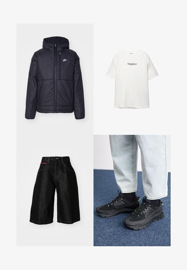 Črna, podložena Nike jakna z sprednjim zadrgo in kapuco. Ima bel logo na levem prsnem delu in dvojna sprednja žepa. Gladka zunanja tekstura.; Bela bomba majica s kratkimi rokavi in okroglim izrezom. Na sprednji strani je natisnjen napis "Beautiful Future" v črni barvi.; Črni jeans kratke hlače z širokimi nogavicami, ki vključujejo pet žepov, zapiranje na gumb in kontrastno šivanje. Eden od žepov ima rdeč akcent.; Črne športne čevlje z teksturirano tkanino in gumijastimi podplati, ki imajo elastične vezalke ter modre poudarke na peti. Nosi se z lahkimi denim hlačami.
