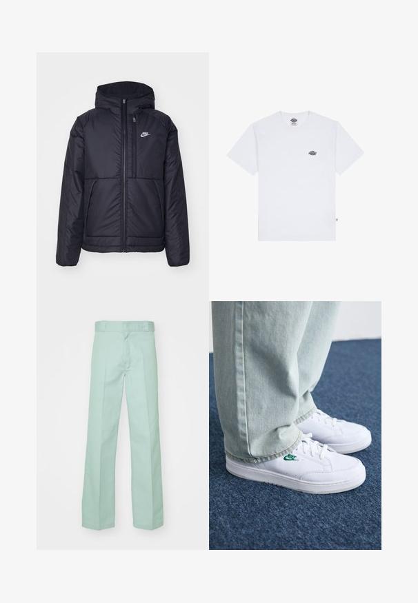 Fekete, párnázott Nike dzseki elülső cipzárral és kapucnival. A bal mellen fehér logó található, valamint két elülső zseb. Simának tűnő külső felület.; Fehér pamut póló rövid ujjakkal, kis fekete logóval a mellkason és címkével az alján, bal alsó sarokban.; Világoszöld, egyenes szabású pamut nadrág sima textúrával, standard derékkal és övhurkokkal.; Fehér bőr sportcipők zöld Nike logóval, kerek orral, lapos talppal, világoskék farmernadrággal párosítva, kék szőnyegen bemutatva.