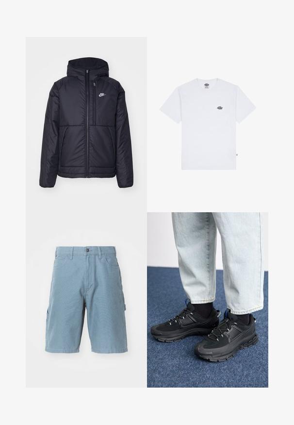 Sort, polstret Nike-jakke med frontlynlås og hætte. Har et hvidt logo på venstre bryst og to frontlommer. Glat ydre tekstur.; Hvid bomulds t-shirt med korte ærmer, der har et lille sort logo på brystet og et mærke i det nederste venstre hjørne.; Blå bomulds cargo shorts med lige snit, der har front- og sidelommer, knaplukning og et struktureret stof.; Sorte træningssko med tekstureret stof og gummisåler, udstyret med elastiske snørebånd og en blå detalje på hælen. Bæres med lyse denimbukser.