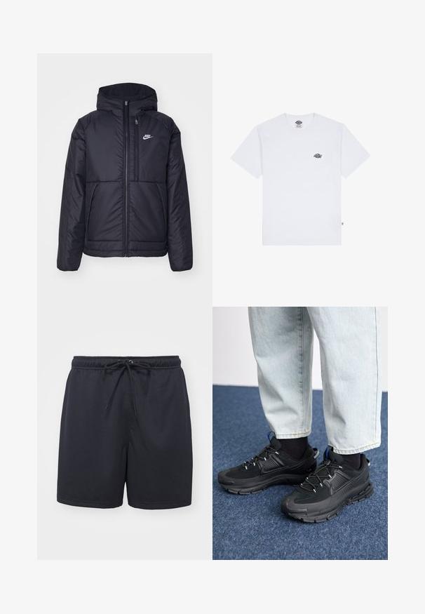 Fekete, párnázott Nike dzseki elülső cipzárral és kapucnival. A bal mellen fehér logó található, valamint két elülső zseb. Simának tűnő külső felület.; Fehér pamut póló rövid ujjakkal, kis fekete logóval a mellkason és címkével az alján, bal alsó sarokban.; Fekete sportnadrág, texturált, légáteresztő anyagból; elasztikus derékkal és állítható zsinórral a tökéletes illeszkedés érdekében.; Fekete sportcipők texturált anyaggal és gumitalppal, elasztikus fűzőkkel és kék kiegészítővel a saroknál. Világos farmernadrággal viselve.