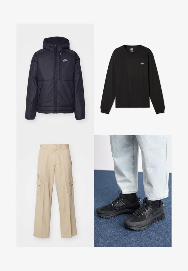 Fekete, párnázott Nike dzseki elülső cipzárral és kapucnival. A bal mellen fehér logó található, valamint két elülső zseb. Simának tűnő külső felület.; Fekete, hosszú ujjú pamut póló, bal mellel egy kis, több színű Dickies logóval és bordázott mandzsettákkal.; Krémszínű cargo nadrág, széles lábakkal, számos zsebbel és kontrasztos varrással. Tartós pamut anyagból készült, övhurkokkal ellátva.; Fekete sportcipők texturált anyaggal és gumitalppal, elasztikus fűzőkkel és kék kiegészítővel a saroknál. Világos farmernadrággal viselve.