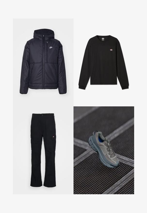 Černá zateplená bunda Nike s předním zipem a kapucí. Na levé straně hrudi má bílé logo a dvojité přední kapsy. Hladký povrch.; Černé tričko s dlouhým rukávem z bavlny, které má malé vícebarevné logo Dickies na levé straně hrudi a žebrované manžety.; Černé cargo kalhoty se střihovým rovnými nohavicemi, vyrobené z odolné tkaniny, s bočními kapsami a nášivkou loga na levé straně.; Béžová a šedá sportovní bota s texturovaným síťovinovým svrškem, zaoblenou špičkou a gumovou podrážkou, vybavená tkaničkami a polstrovaným límcem.