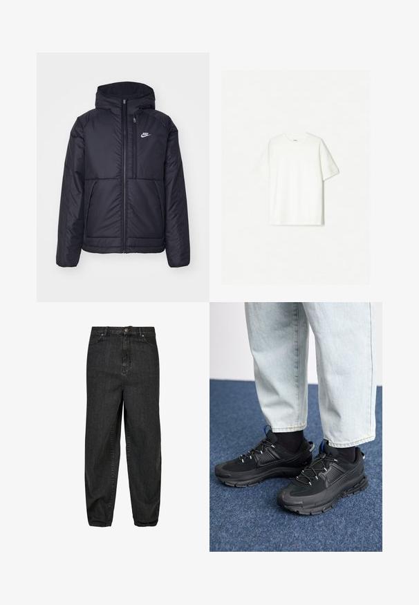 Črna, podložena Nike jakna z sprednjim zadrgo in kapuco. Ima bel logo na levem prsnem delu in dvojna sprednja žepa. Gladka zunanja tekstura.; Bela kratka majica s kratkimi rokavi iz mehkega bombaža. Oblečen kroj s sproščenim prileganjem in brez vidnih logotipov ali vzorcev.; Črne denim hlače z udobnim krojem, ki imajo sprednje zapiranje na gumb, pet žepov in subtilne detajle izbledenja na tkanini.; Črne športne čevlje z teksturirano tkanino in gumijastimi podplati, ki imajo elastične vezalke ter modre poudarke na peti. Nosi se z lahkimi denim hlačami.
