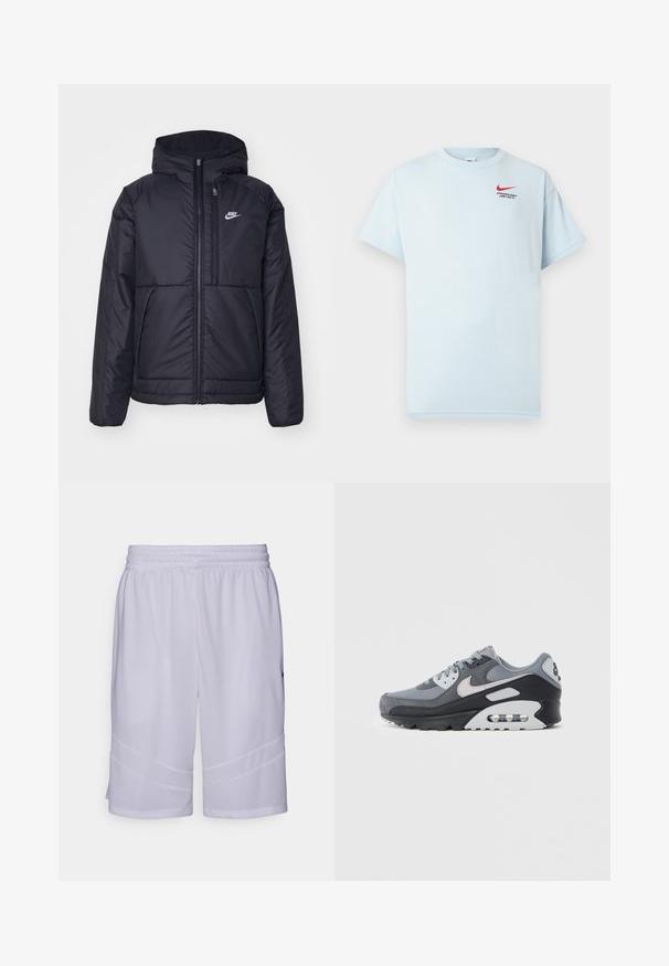 Schwarze, gepolsterte Nike-Jacke mit Frontreißverschluss und Kapuze. Hat ein weißes Logo auf der linken Brust und zwei Fronttaschen. Glattes äußeres Material.; Helles blaues Baumwoll-T-Shirt mit kurzen Ärmeln, rundem Ausschnitt und rotem Nike-Swoosh-Logo. Der Text lautet "ATHLETIC DEPT. JUST DO IT."; Weiße Sportshorts aus atmungsaktivem Mesh-Gewebe. Mit einem elastischen Bund und schrägen Paneeldetails am Saum.; Grauer Sneaker mit einer Mischung aus Mesh- und Wildledermaterialien, einer schwarzen Sohle und einer sichtbaren Luftkammer. Auffällige hellgraue Akzente und Schnürsenkel.