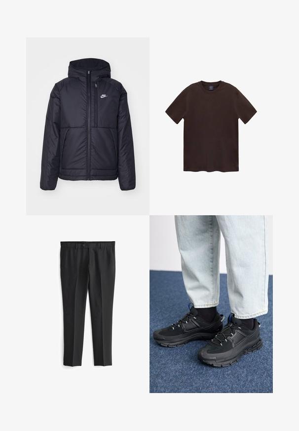 Jachetă Nike neagră, căptușită, cu fermoar pe față și glugă. Prezintă un logo alb pe pieptul stâng și două buzunare frontale. Textură exterioară netedă.; Mango Tricou basic - brown; Pantaloni negri la comandă cu fața plată, două buzunare laterale și închidere cu button. Textură netedă și design cu picior drept.; Pantofi sport negri, cu țesătură texturată și tălpi din cauciuc, având șireturi elastice și un accent albastru pe toc. Purtați cu pantaloni din denim deschis.