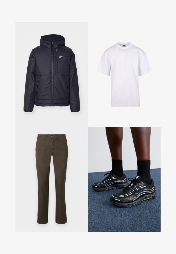 Veste Nike noire rembourrée avec une fermeture éclair sur le devant et une capuche. Elle présente un logo blanc sur la poitrine gauche et deux poches avant. Texture extérieure lisse.; T-shirt en coton blanc avec un col rond, des manches courtes et une coupe décontractée. Présente un design uni sans motifs ni accents.; Pantalons marron foncé en mélange de coton. Présentent une fermeture à bouton, un design à jambes droites et une texture subtile sans motifs ni embellissements visibles.; Des chaussures Nike noires présentent une tige en mesh avec des rayures d'accent, un laçage texturé et une semelle en caoutchouc noir. Portées avec des chaussettes noires côtelées.