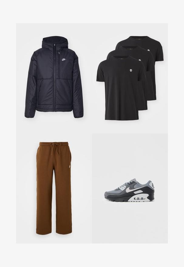 Juodas, paminkštintas Nike džemperis su priekyje užtrauktuku ir gobtuvu. Pasižymi balta logo kairėje krūtinės pusėje ir dviem priekinėmis kišenėmis. Su lygiu išoriniu paviršiumi.; Tris juodų medvilninių marškinėlių su apvalia iškirpte, trumpomis rankovėmis ir mažai balta logotipu kairėje krūtinės pusėje. Lygi tekstūra ir įprastas pritaikymas.; Rudos sportinius kelnes, pagamintas iš minkštos medžiagos, su elastinga juosmens juosta su raišteliu, šoninėmis kišenėmis ir balta logotipu kairėje pusėje.; Pilkas sportinis batelis, pagamintas iš akių ir zomšos medžiagų mišinys, juodas padas ir matoma oro pagalvėlė. Ryškūs šviesiai pilki akcentai ir batraiščiai.