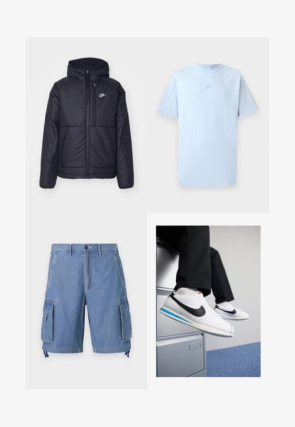 Črna, podložena Nike jakna z sprednjim zadrgo in kapuco. Ima bel logo na levem prsnem delu in dvojna sprednja žepa. Gladka zunanja tekstura.; Nebo modra bombažna majica s kratkimi rokavi, okroglo izrezana in z izvezenim logotipom Nike v nekoliko temnejši modri barvi na prsih.; Modri denim kratki hlače s cargo stilom, z gumbom za zapiranje, dvema sprednjima žepoma in dvema velikima stranskima žepoma s poklopcem. Vključujejo nastavljive vrvice na robu.; Bele usnjene teniske z črnim Nikeovim simbolom, svetlo modrim in sivo gumijastim podplatom ter klasičnim vezalnim dizajnom. Noge so poležane na omarici za dokumente.