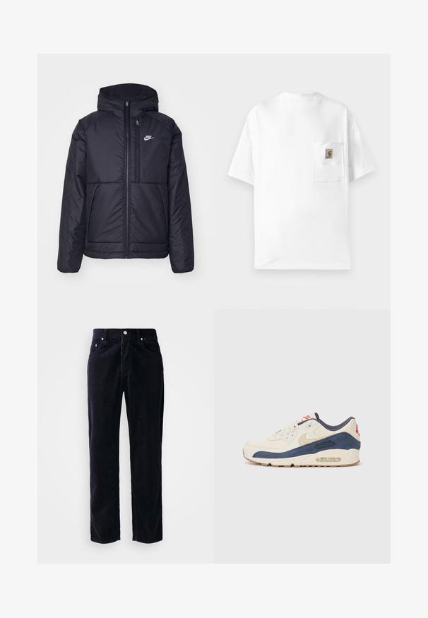 Sort, polstret Nike-jakke med frontlynlås og hætte. Har et hvidt logo på venstre bryst og to frontlommer. Glat ydre tekstur.; Hvid bomulds t-shirt med rund hals, korte ærmer og brystlomme med et logo-patch. Minimalistisk design og sømløs tekstur.; Marineblå kordfløjspants med lige skæring, fem lommer og knaplukning. Har lodret ribbet tekstur og metal hardware detaljer.; Sneakers med en overdel i cremefarvet læder og marineblå ruskind, med en synlig luftsål, beige gummisål og røde detaljer på hælen.