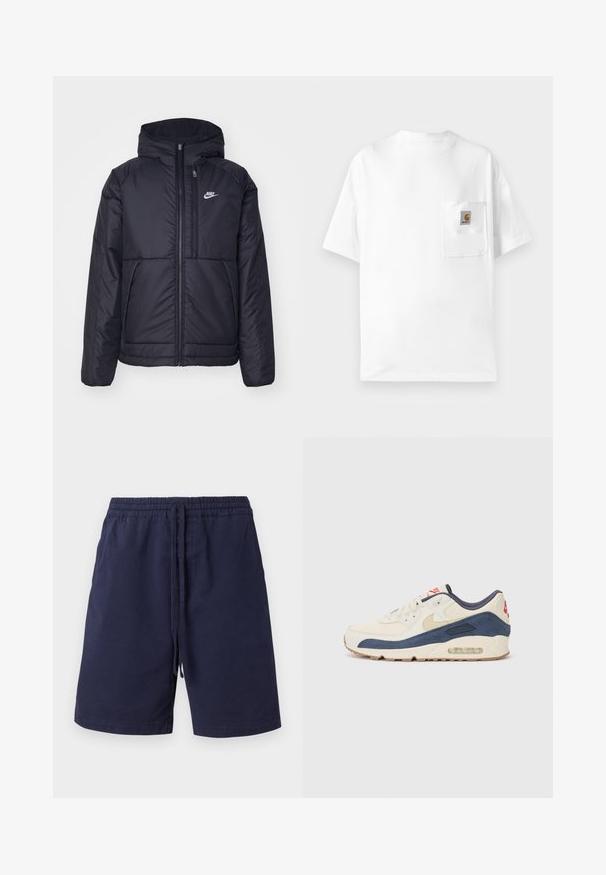 Musta, pehmustettu Nike-takki, jossa on etuvetoketju ja huppu. Vasemmassa rinnassa on valkoinen logo ja takissa on kaksinkertaiset etutaskut. Pintakoe on sileä.; Valkoinen puuvillapaita, jossa on pyöreä kaula-aukko, lyhyet hihat ja rintatasku, jossa on logopainatusta. Minimalistinen muotoilu ja saumatonta pintaa.; Tummansinisiä shortsit, jotka on valmistettu puuvillasta. Niissä on joustava vyötärönauha, jossa on nyöri, sivutaskut ja suora lahje. Ei kuvioita.; Tennarit, joissa on kermanvärinen nahka ja merimiessininen mokka päällinen, näkyvällä ilmasoolalla, beige kumipohja ja punainen yksityiskohta kantapäässä.