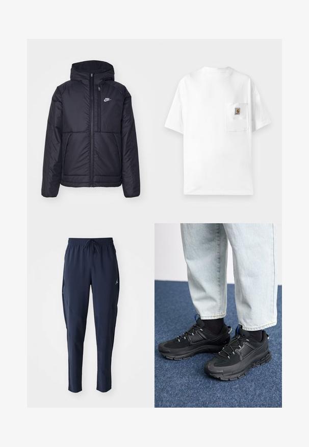 Casaco Nike preto, acolchoado, com fecho à frente e capuz. Apresenta um logo branco no lado esquerdo do peito e dois bolsos frontais. Textura exterior lisa.; T-shirt branca de algodão com decote redondo, mangas curtas e um bolso no peito com um emblema. Design minimalista e textura sem costuras.; Calças de desporto da marinha feitas de tecido leve. Apresentam um cós elástico com cordão, bolsos laterais e pernas afuniladas.; Sapatilhas desportivas pretas com tecido texturizado e solas em borracha, apresentando atacadores elásticos e um detalhe azul no calcanhar. Usadas com calças de ganga claras.