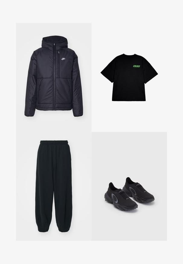 Sort, polstret Nike-jakke med frontlynlås og hætte. Har et hvidt logo på venstre bryst og to frontlommer. Glat ydre tekstur.; Sort oversized t-shirt lavet af bomuld, med korte ærmer og et grønt logo på venstre brystområde. Enkel rund halsudskæring.; Sorte svedbukser med elastisk talje, løs pasform, afsluttede ankler, glat tekstur og uden synlige mønstre eller hardware-detaljer.; Sorte slip-on sneakers med en tekstureret overdel og gummisål. Har en grå cirkulær detalje og elastisk bånd over vristen for bedre pasform.