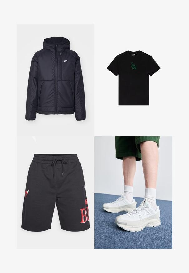 Casaco Nike preto, acolchoado, com fecho à frente e capuz. Apresenta um logo branco no lado esquerdo do peito e dois bolsos frontais. Textura exterior lisa.; T-shirt de algodão preto com um pequeno gráfico verde do logótipo "LA" no peito. Mangas curtas, decote redondo, ajuste regular e textura lisa.; Calções atléticos pretos feitos de tecido suave, com um cós elástico com cordão, detalhes em vermelho e corte até ao joelho.; Sapatos atléticos brancos com sobreposições texturizadas, sola espessa e detalhes em cinza. Usados com meias brancas até ao tornozelo e calções verdes sobre uma superfície azul.
