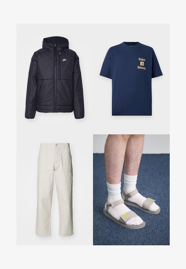 Musta, pehmustettu Nike-takki, jossa on etuvetoketju ja huppu. Vasemmassa rinnassa on valkoinen logo ja takissa on kaksinkertaiset etutaskut. Pintakoe on sileä.; T-paidat tummansinisestä puuvillasta, joissa on lyhyet hihat. Edessä kultaisella tekstillä "Carhartt University" ja logo-tasku vasemmalla rintapuolella.; Harmaat vaaleat leveät housut, jotka on valmistettu puuvillasta. Varustettu etutaskuilla ja nappikiinnityksellä. Sujuva rakenne, jossa on hienovaraisia pystysuoria viivoja.; Beigen sandaalit, joissa on säädettävät hihnat, käytetään valkoisten sukkien päällä. Pohjat ovat tasaiset ja niissä on kuvioitu pinta. Taustalla sininen matto.