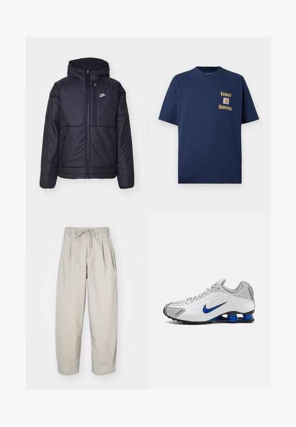 Svart, polstret Nike-jakke med frontglidelås og hette. Har en hvit logo på venstre bryst og doble frontlommer. Glatt ytterside.; Mørk blå bomull t-skjorte med korte ermer, med gulltekst "Carhartt University" og et logo-patch på venstre bryst.; Beige, lette bukser med elastisk midje og snor. Har folder og løs passform, laget av myk og glatt stoff.; Nike løpesko med en hvit og grå overdel, blå aksenter, perforerte detaljer, en polstret såle, og et karakteristisk Shox fjærsystem.