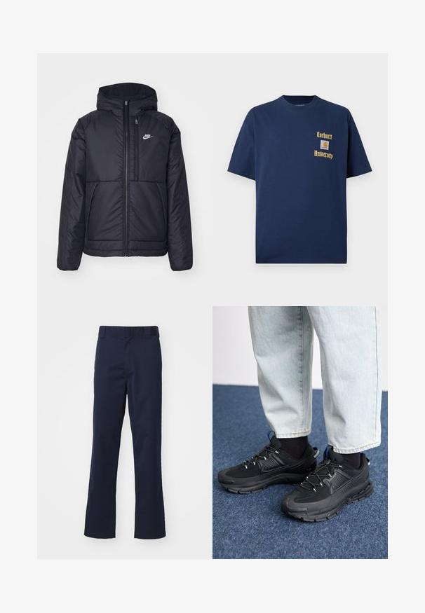 Chaqueta acolchada negra de Nike con cremallera frontal y capucha. Presenta un logo blanco en el lado izquierdo del pecho y dos bolsillos frontales. Textura exterior suave.; Camiseta de algodón azul marino de manga corta, con texto dorado "Carhartt University" y un parche de logo en el lado izquierdo del pecho.; Pantalones azul marino hechos de tela, con un diseño de pierna recta, presillas para cinturón y un acabado limpio en el dobladillo. Sin patrones o acentos visibles.; Zapatillas deportivas negras con tejido texturizado y suelas de goma, con cordones elásticos y un acento azul en el talón. Combinadas con pantalones de mezclilla claros.