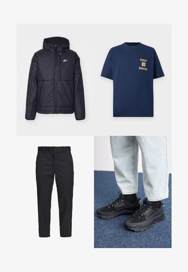 Černá zateplená bunda Nike s předním zipem a kapucí. Na levé straně hrudi má bílé logo a dvojité přední kapsy. Hladký povrch.; Námořnická modrá bavlněná tričko s krátkým rukávem, se zlatým textem "Carhartt University" a nášivkou na levé hrudi.; Černé chinos vyrobené z lehké bavlněné tkaniny, s rovnými nohavicemi, bočními kapsami a knoflíkovým zapínáním v pase.; Černé sportovní boty s texturovanou tkaninou a gumovou podrážkou, s elastickými tkaničkami a modrým akcentem na patě. Nosí se s světlými džíny.