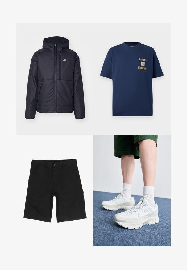 Svart, vadderad Nike-jacka med dragkedja framtill och huva. Har en vit logotyp på vänster bröst och dubbla framfickor. Slät yttextur.; Marinblå bomull t-shirt med korta ärmar, med guldtexten "Carhartt University" och en logopatch på vänster bröst.; Svarta shorts i bomull med slät fram, två sidofickor, knappstängning och en sidoficka för extra förvaring.; Vita atletiska skor med texturerade överlägg, en tjock sula och grå accenter. Bärs med vita strumpor och gröna shorts på en blå yta.