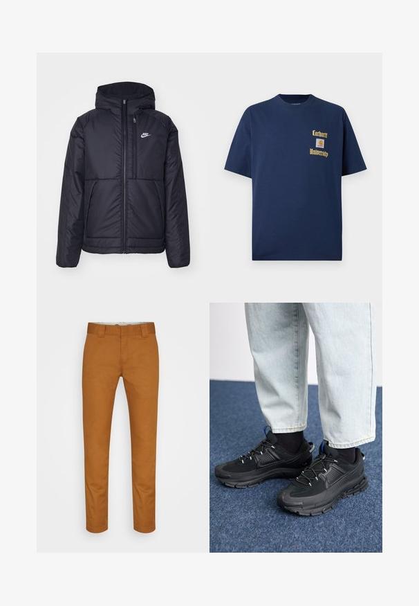 Crna Nike jakna s podstavom, dugmadi sprijeda i kapuljačom. Ima bijeli logotip na lijevoj strani prsnog koša i dva prednja džepa. Glatka vanjska tekstura.; Tamno plavi pamukasti majica s kratkim rukavima, s zlatnim natpisom "Carhartt University" i logotipom na lijevoj strani grudi.; Smeđe pamučne hlače ravnog kroja, s prednjim džepovima i čistom, glatkom teksturom. Imaju petlje za remen i diskretne šavove.; Crne atletske cipele s teksturiranom tkaninom i gumene potplate, s elastičnim vezicama i plavim akcentom na peti. Nosene su s svijetlim trapericama.