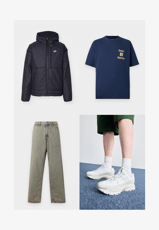 Černá zateplená bunda Nike s předním zipem a kapucí. Na levé straně hrudi má bílé logo a dvojité přední kapsy. Hladký povrch.; Námořnická modrá bavlněná tričko s krátkým rukávem, se zlatým textem "Carhartt University" a nášivkou na levé hrudi.; Džíny s širokými nohavicemi v bledě šedé barvě, s knoflíkovým zapínáním a tradičním designem pěti kapes s viditelnými švy.; Bílé sportovní boty s texturovanými překryvy, masivní podrážkou a šedými akcenty. Na nohou mají bílé ponožky a zelené šortky na modrém povrchu.