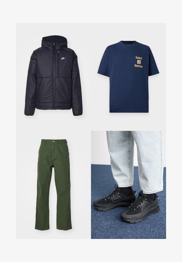 Fekete, párnázott Nike dzseki elülső cipzárral és kapucnival. A bal mellen fehér logó található, valamint két elülső zseb. Simának tűnő külső felület.; Sötétkék pamut póló rövid ujjal, arany színű "Carhartt University" felirattal és logóval a bal mellen.; Zöld pamut nadrág egyenes szárú formával, elülső és hátsó zsebekkel, aranyszínű díszítésekkel és megerősített térdrészekkel.; Fekete sportcipők texturált anyaggal és gumitalppal, elasztikus fűzőkkel és kék kiegészítővel a saroknál. Világos farmernadrággal viselve.