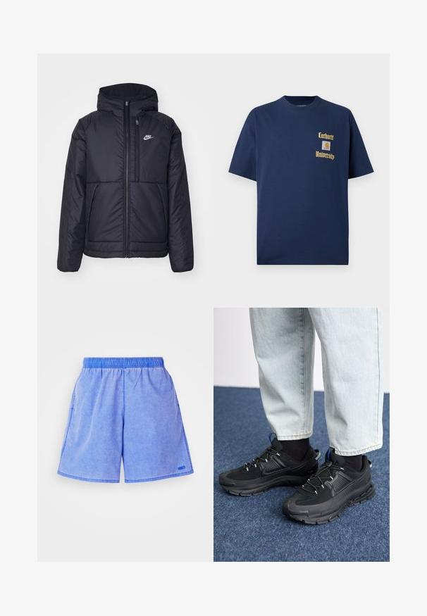 Melna, pufota Nike jaka ar priekšējo rāvējslēdzēju un kapuci. Iezīmēta ar baltu logotipu uz kreisās krūtis un divām priekšējām kabatām. Gluda ārējā tekstūra.; Tumši zila kokvilnas T-krekls ar īsām piedurknēm, ar zelta tekstu "Carhartt University" un logo uzšuvumu kreisajā krūtī.; Gaiši zili šorti ar elastīgu jostu, sānu kabatām un nelielu logo detaļu. Audums izskatās mīksts ar smalku tekstūru.; Melni sporta apavi ar strukturētu audumu un gumijas zoli, ar elastīgām auklām un zilu akcentu uz papēža. Nēsāti ar gaišām džinsu biksēm.
