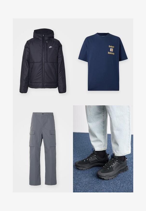 Black, padded Nike jacket with a front zipper and hood. Features a white logo on the left chest and dual front pockets. Smooth exterior texture.; Navy blue cotton t-shirt with short sleeves, featuring gold text "Carhartt University" and a logo patch on the left chest.; Gray cargo pants made of durable fabric. Features include an elastic waistband, two large side pockets, and a straight-leg cut.; Black athletic shoes with textured fabric and rubber soles, featuring elastic laces and a blue accent on the heel. Worn with light denim pants.