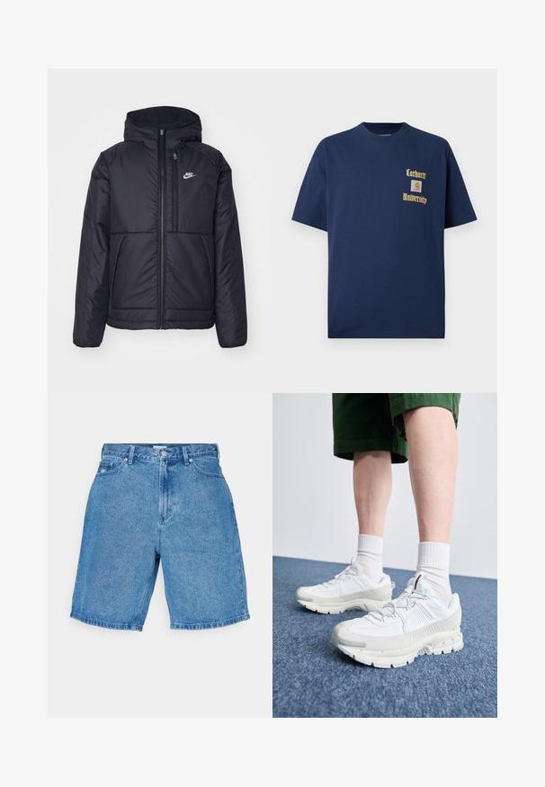Chaqueta acolchada negra de Nike con cremallera frontal y capucha. Presenta un logo blanco en el lado izquierdo del pecho y dos bolsillos frontales. Textura exterior suave.; Camiseta de algodón azul marino de manga corta, con texto dorado "Carhartt University" y un parche de logo en el lado izquierdo del pecho.; Pantalones cortos de denim azul claro con un ajuste relajado, que cuentan con una cintura alta, cinco bolsillos y un corte recto en el dobladillo.; Zapatillas deportivas blancas con superposiciones texturizadas, una suela gruesa y acentos grises. Llevadas con calcetines blancos hasta la pantorrilla y pantalones cortos verdes sobre una superficie azul.
