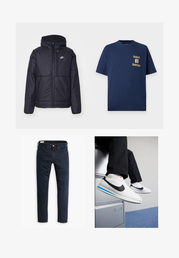 Svart, polstret Nike-jakke med frontglidelås og hette. Har en hvit logo på venstre bryst og doble frontlommer. Glatt ytterside.; Mørk blå bomull t-skjorte med korte ermer, med gulltekst "Carhartt University" og et logo-patch på venstre bryst.; Mørkeblå denimjeans med rett snitt, klassisk fem-lommers design og metallknapplegging. Har diskret søm og en myk tekstur.; Hvite lær sneakers med en svart Nike swoosh, lys blå og grå gummisåle, og klassisk snøring. Føttene hviler på et arkivskap.