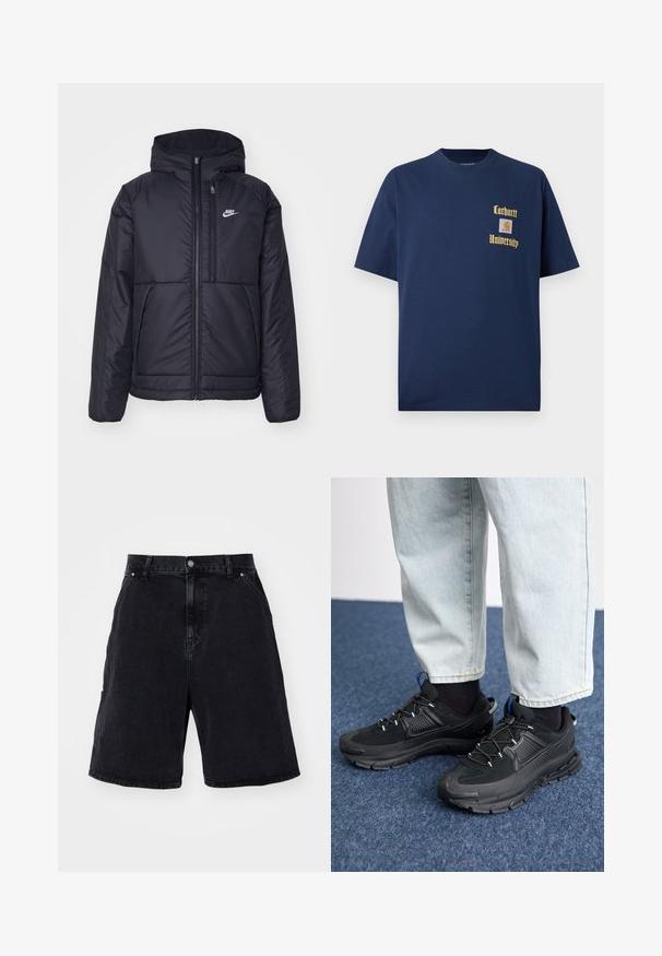 Sort, polstret Nike-jakke med frontlynlås og hætte. Har et hvidt logo på venstre bryst og to frontlommer. Glat ydre tekstur.; Marineblå bomulds T-shirt med korte ærmer, der har guld tekst "Carhartt University" og et logo patch på venstre bryst.; Sorte denimshorts har en afslappet pasform, standard fem-lomme design og metalknaplukning. Glat overflade med minimal fading.; Sorte træningssko med tekstureret stof og gummisåler, udstyret med elastiske snørebånd og en blå detalje på hælen. Bæres med lyse denimbukser.
