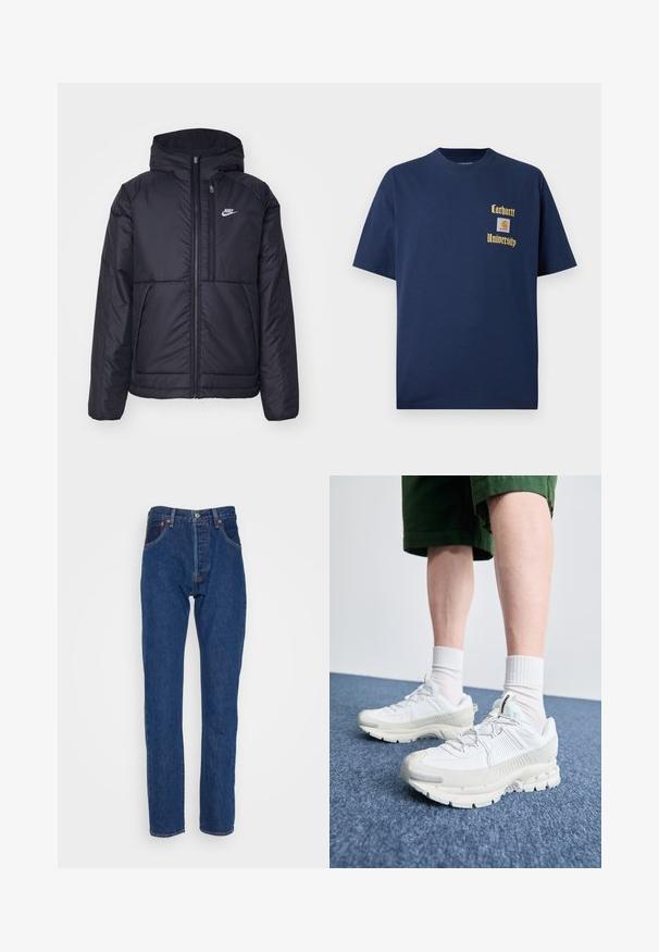 Chaqueta acolchada negra de Nike con cremallera frontal y capucha. Presenta un logo blanco en el lado izquierdo del pecho y dos bolsillos frontales. Textura exterior suave.; Camiseta de algodón azul marino de manga corta, con texto dorado "Carhartt University" y un parche de logo en el lado izquierdo del pecho.; Levi's® 501® '93 STRAIGHT - Vaqueros rectos - the fillmore; Zapatillas deportivas blancas con superposiciones texturizadas, una suela gruesa y acentos grises. Llevadas con calcetines blancos hasta la pantorrilla y pantalones cortos verdes sobre una superficie azul.