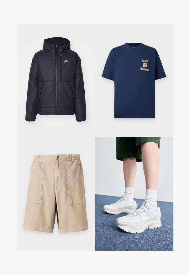 Casaco Nike preto, acolchoado, com fecho à frente e capuz. Apresenta um logo branco no lado esquerdo do peito e dois bolsos frontais. Textura exterior lisa.; T-shirt de algodão azul-marinho com mangas curtas, apresentando texto dourado "Carhartt University" e um emblema no lado esquerdo do peito.; Calções de veludo cotelê bege com um tecido texturizado, dois bolsos laterais, cintura elástica e fecho com um único botão.; Sapatos atléticos brancos com sobreposições texturizadas, sola espessa e detalhes em cinza. Usados com meias brancas até ao tornozelo e calções verdes sobre uma superfície azul.
