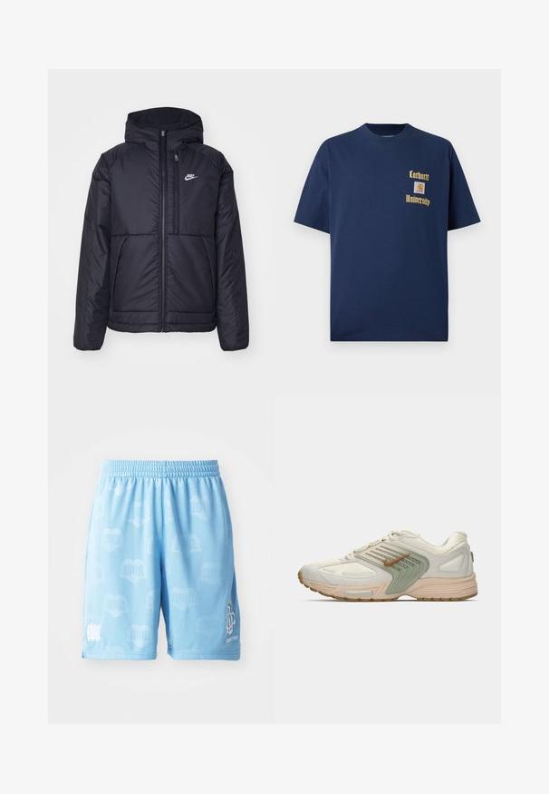 Black, padded Nike jacket with a front zipper and hood. Features a white logo on the left chest and dual front pockets. Smooth exterior texture.; Navy blue cotton t-shirt with short sleeves, featuring gold text "Carhartt University" and a logo patch on the left chest.; Light blue athletic shorts made of smooth fabric, featuring a subtle pattern, an elastic waistband, and printed logo accents on one leg.; Low-top athletic sneaker in beige with light green side panel, white mesh upper, brown Nike swoosh, and beige sole with visible air cushion.