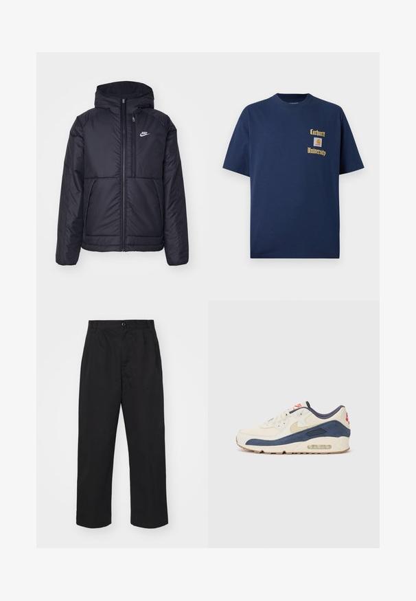 Melna, pufota Nike jaka ar priekšējo rāvējslēdzēju un kapuci. Iezīmēta ar baltu logotipu uz kreisās krūtis un divām priekšējām kabatām. Gluda ārējā tekstūra.; Tumši zila kokvilnas T-krekls ar īsām piedurknēm, ar zelta tekstu "Carhartt University" un logo uzšuvumu kreisajā krūtī.; Melnas kokvilnas bikses ar taisnu piegriezumu, ar pogu aizdari, divām priekšējām kabatām un gludu tekstūru.; Apavi ar krēmīgu ādas un tumši zilu zamša augšdaļu, ar redzamu gaisa zoli, bēša gumijas zoli un sarkanu akcentu uz papēža.