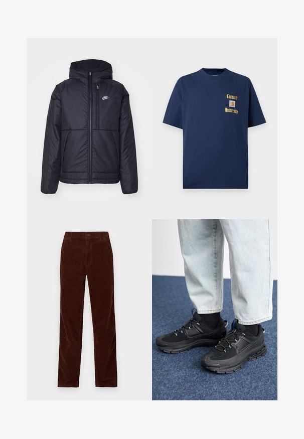 Sort, polstret Nike-jakke med frontlynlås og hætte. Har et hvidt logo på venstre bryst og to frontlommer. Glat ydre tekstur.; Marineblå bomulds T-shirt med korte ærmer, der har guld tekst "Carhartt University" og et logo patch på venstre bryst.; Carhartt WIP SIMPLE PANT - Bukser - offroad rinsed; Sorte træningssko med tekstureret stof og gummisåler, udstyret med elastiske snørebånd og en blå detalje på hælen. Bæres med lyse denimbukser.