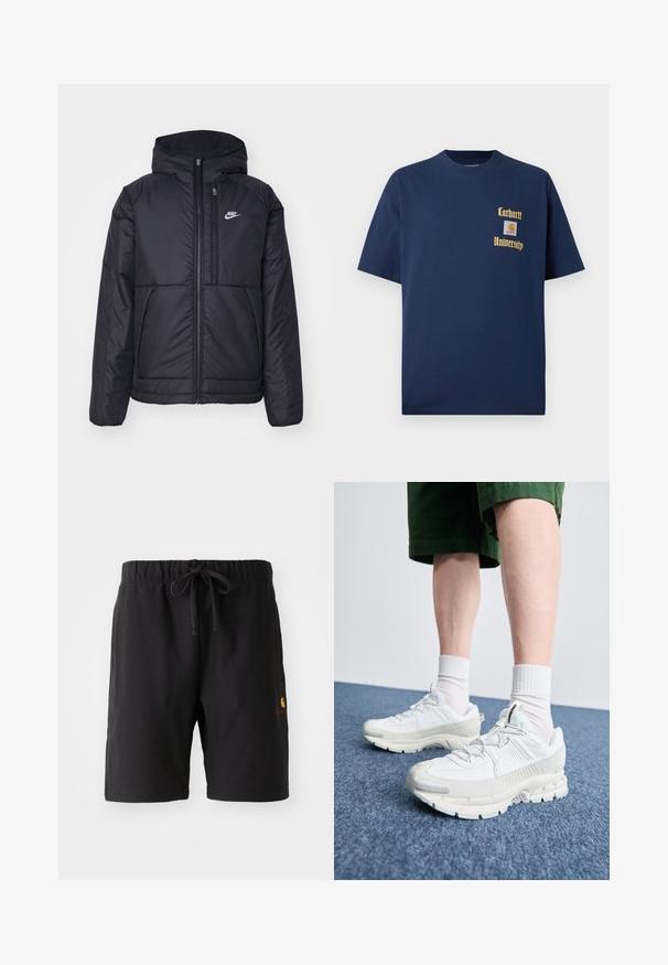 Must musta Nike jope, millel on ees lukuga avamine ja kapuuts. Vasakpoolne rind on kaunistatud valge logoga ning ees on kaks taskut. Sile välimine tekstuur.; Tume sinine puuvillane T-särk lühikeste varrukatega, millel on kuldne kiri "Carhartt University" ja logo aplikaat vasakul rinnal.; Mustad mustriteljed, kummiga ja nööriga. Omab küljetaskut ja väikest logo punases ja kollases alumises vasakus nurgas.; Valged sportsijalatsid tekstuursete pealsete, kopsaka tallaga ja hallide aktsentidega. Kanda valgete lühikeste sokkidega ja roheliste lühikeste pükstega sinisel pinnal.