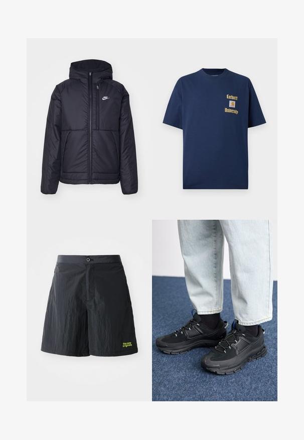 Črna, podložena Nike jakna z sprednjim zadrgo in kapuco. Ima bel logo na levem prsnem delu in dvojna sprednja žepa. Gladka zunanja tekstura.; Navy modra bombažna majica s kratkimi rokavi, z zlatim napisom "Carhartt University" in logotipom na levem prsnem delu.; The New Originals RUNNING - Kratke hlače - black; Črne športne čevlje z teksturirano tkanino in gumijastimi podplati, ki imajo elastične vezalke ter modre poudarke na peti. Nosi se z lahkimi denim hlačami.