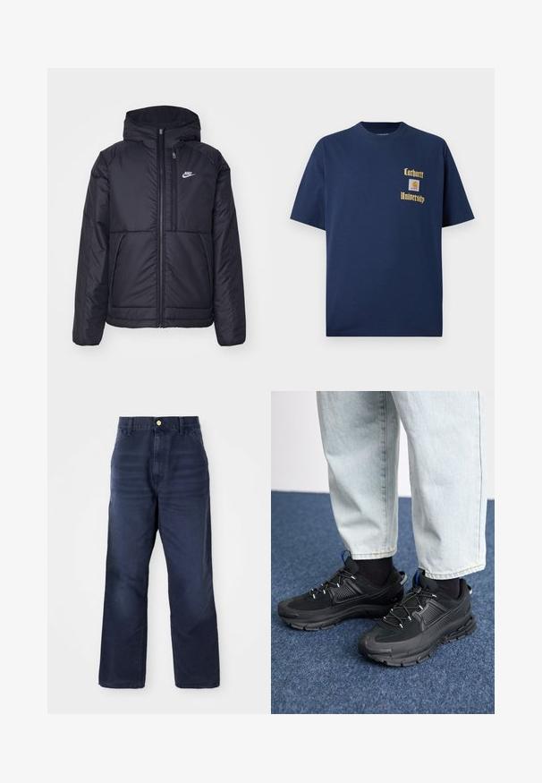 Black, padded Nike jacket with a front zipper and hood. Features a white logo on the left chest and dual front pockets. Smooth exterior texture.; Navy blue cotton t-shirt with short sleeves, featuring gold text "Carhartt University" and a logo patch on the left chest.; Dark blue denim trousers with a straight leg cut, featuring a front button closure, belt loops, and no visible patterns or accents.; Black athletic shoes with textured fabric and rubber soles, featuring elastic laces and a blue accent on the heel. Worn with light denim pants.
