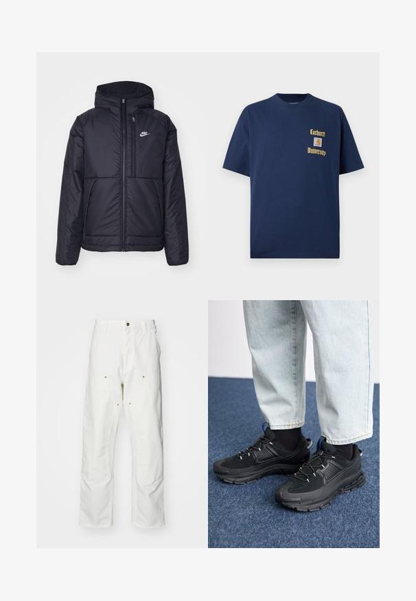 Casaco Nike preto, acolchoado, com fecho à frente e capuz. Apresenta um logo branco no lado esquerdo do peito e dois bolsos frontais. Textura exterior lisa.; T-shirt de algodão azul-marinho com mangas curtas, apresentando texto dourado "Carhartt University" e um emblema no lado esquerdo do peito.; Calças cargo brancas em algodão com um corte descontraído. As características incluem bolsos frontais, detalhes em metal dourado e áreas de joelhos reforçadas.; Sapatilhas desportivas pretas com tecido texturizado e solas em borracha, apresentando atacadores elásticos e um detalhe azul no calcanhar. Usadas com calças de ganga claras.