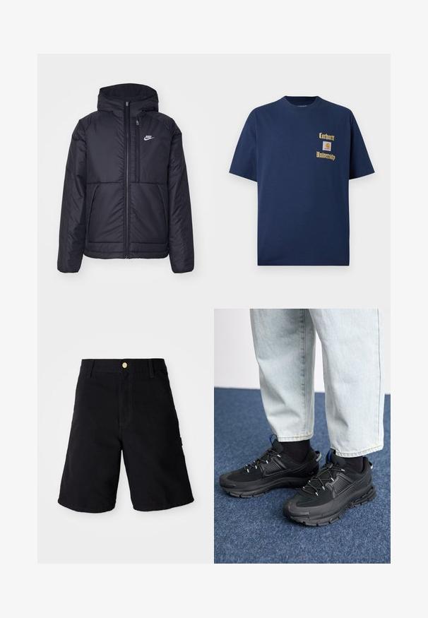 Veste Nike noire rembourrée avec une fermeture éclair sur le devant et une capuche. Elle présente un logo blanc sur la poitrine gauche et deux poches avant. Texture extérieure lisse.; T-shirt en coton bleu marine à manches courtes, avec le texte doré "Carhartt University" et un écusson logo sur la poitrine gauche.; Shorts en denim noir avec une fermeture à bouton, présentant une coupe droite, des poches latérales et des coutures renforcées pour plus de durabilité.; Des chaussures de sport noires avec un tissu texturé et des semelles en caoutchouc, dotées de lacets élastiques et d'un accent bleu au talon. Portées avec un pantalon en denim clair.
