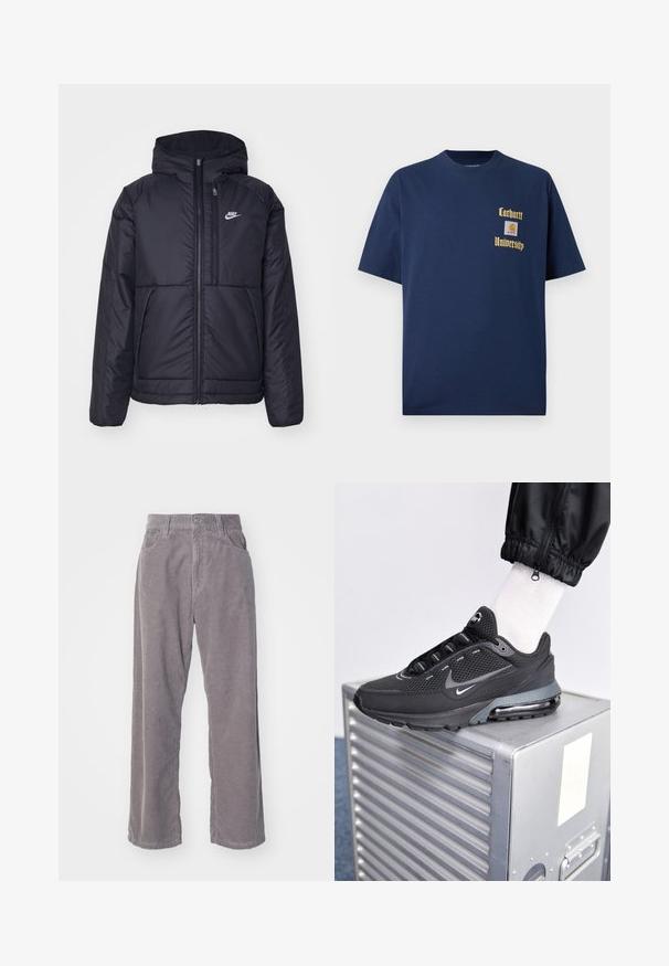 Černá zateplená bunda Nike s předním zipem a kapucí. Na levé straně hrudi má bílé logo a dvojité přední kapsy. Hladký povrch.; Námořnická modrá bavlněná tričko s krátkým rukávem, se zlatým textem "Carhartt University" a nášivkou na levé hrudi.; Šedé kordurové kalhoty s širokým střihem, se svislým ribbingem, zapínáním na knoflík a dvěma předními kapsami.; Nike Sportswear PULSE - Tenisky - black/anthracite