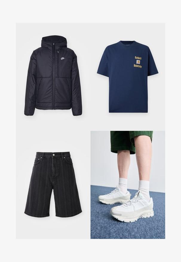 Jachetă Nike neagră, căptușită, cu fermoar pe față și glugă. Prezintă un logo alb pe pieptul stâng și două buzunare frontale. Textură exterioară netedă.; Tricou din bumbac bleumarin cu mâneci scurte, având inscripția aurie "Carhartt University" și o etichetă cu logo pe partea stângă a pieptului.; Scurt denim negru cu picior larg, având dungi verticale, buzunare frontale și detalii din metal.; Pantofi sport albi cu suprapuneri texturate, talpă masivă și accente gri. Purtați cu șosete albe până la glezne și pantaloni scurți verzi pe o suprafață albastră.